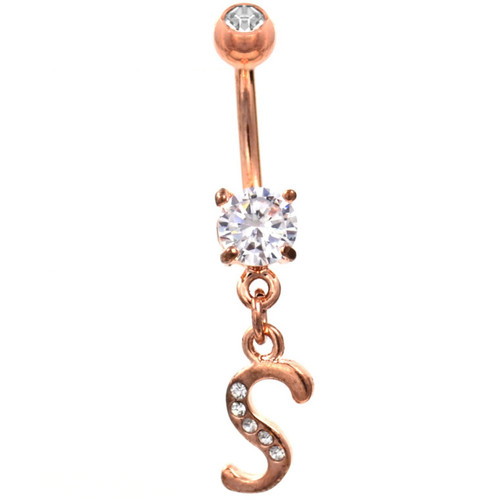 Initial Letter "S" Gemmed Rose Gold Belly Button Ring