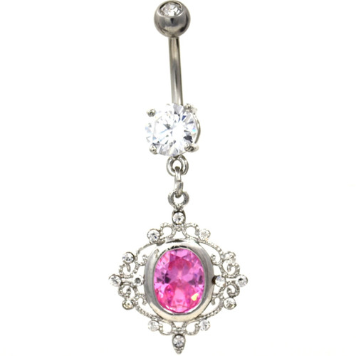 Filigree Framed Pink Gem Belly Ring