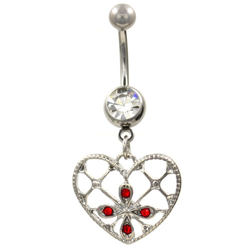 Webbed Heart w/Red Accents Steel Belly Ring