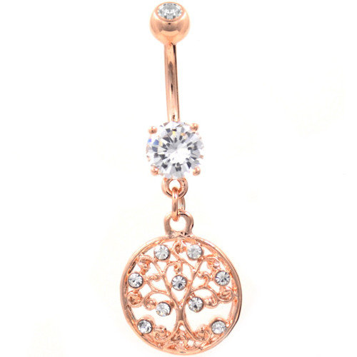 CZ Decorated Tree Of Life Rose Gold-Tone Belly Ring 