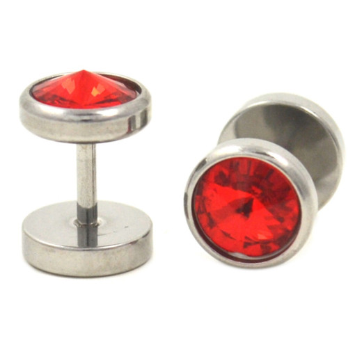 Red Spiked Gem Fake Plug Earrings (0g Look)