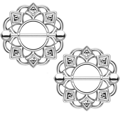 PAIR - Tribal Shield Stainless Steel Nipple Bars