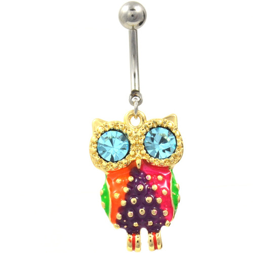 Flashy Gold and Steel Owl Belly Ring w/Aqua Eyes