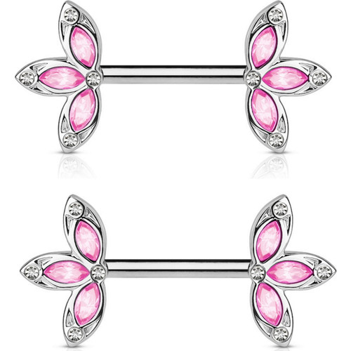 PAIR - Pink Floral Dazzle Nipple Barbells 14G 1/2"