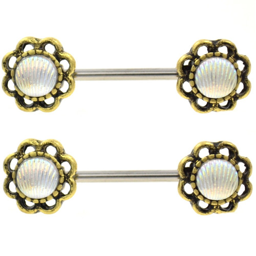 PAIR - Floral Framed Seashell Nipple Barbells