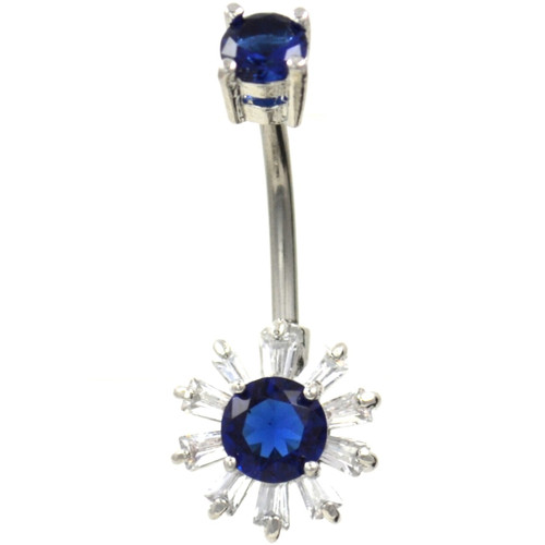 Flashy Flower w/Prong Set CZs Blue Belly Ring
