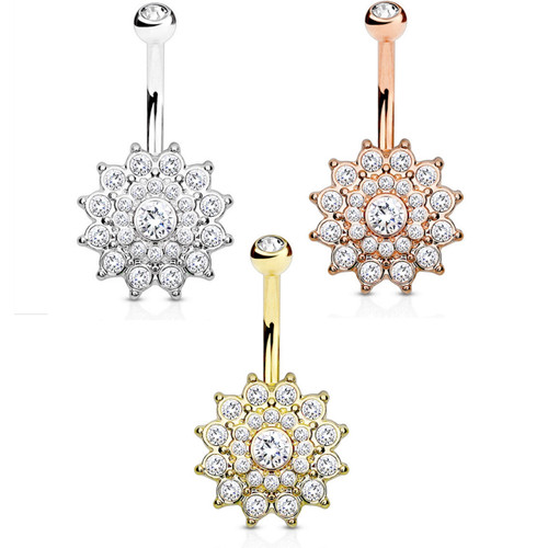 Crystal Accent Paved Dahlia Flower Belly Ring