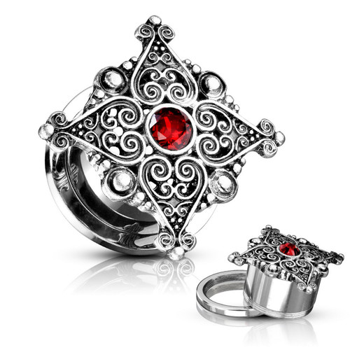 Filigree Hearts Red Accent Center Plugs (2g-5/8")