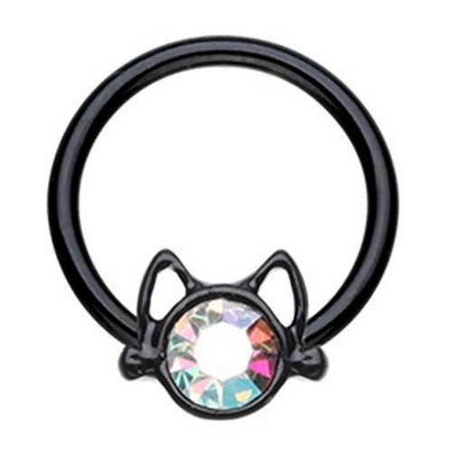 Cat Face Black Steel Captive Bead Ring CBR 16G