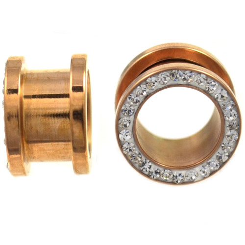 Rose Gold IP Steel Clear Gem Rim Screw Tunnels (10g-5/8")