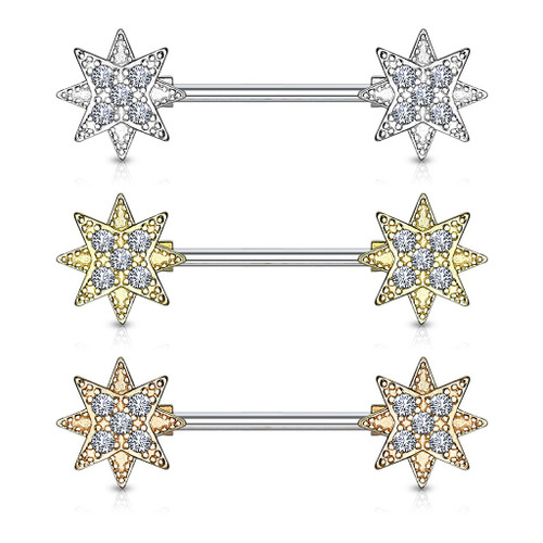 PAIR 14G 9/16" 5/8" Multi CZ Gem Steel Nipple Rings – Barbell Style