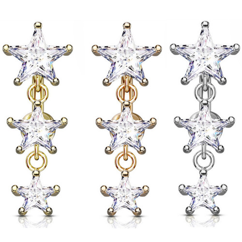 Triple Star CZ Top Drop Dangle Steel Belly Ring