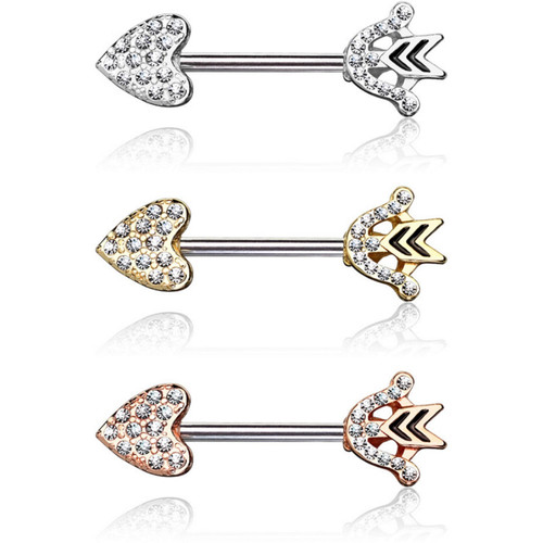 PAIR - CZ Paved Heart & Arrow Steel Nipple Barbells