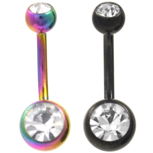 2-Pack Set Black & Rainbow Double Jeweled Belly Rings