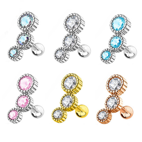 6-Color Set Triple CZ Ridged Steel Cartilage Stud Barbells