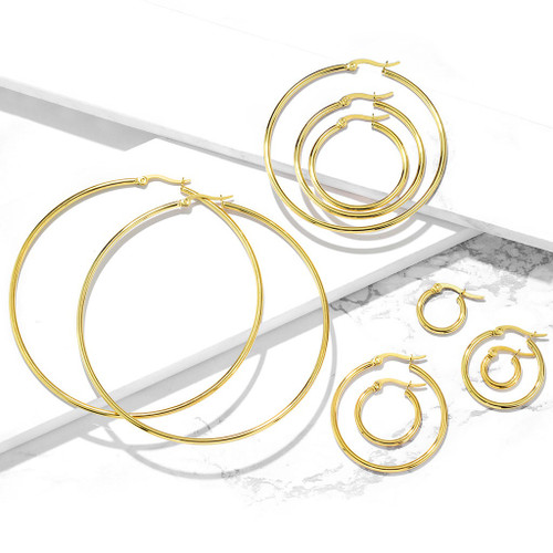 Gold-Tone IP Steel Hoop Earrings 20mm-75mm Gold-Tone IP Steel Hoop Earrings 20mm-75mm