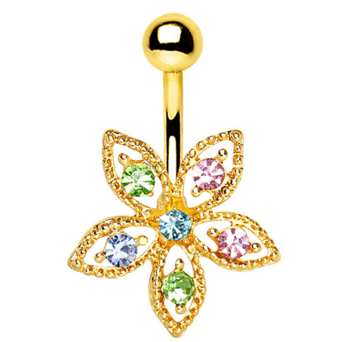 Rainbow Jeweled Flower Goldtone Belly Ring