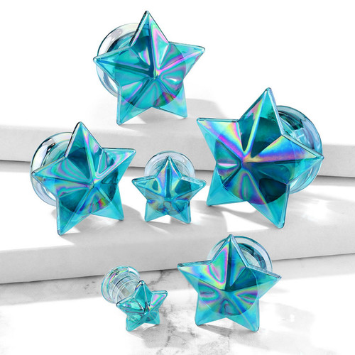 Blue/Rainbow Glass Faceted Star Plugs (2g-5/8")