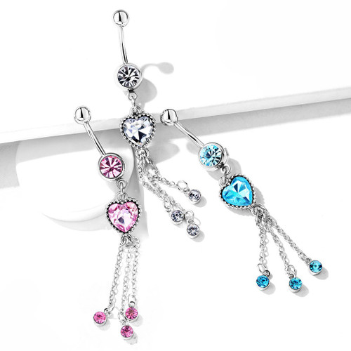 Heart CZ Triple Chain Long Dangle Steel Belly Ring Heart CZ Triple Chain Long Dangle Steel Belly Ring