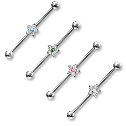 5 CZ Flower Dazzle Steel Industrial Bar 14G 1 & 1/2"  5 CZ Flower Dazzle Steel Industrial Bar 14G 1 & 1/2"