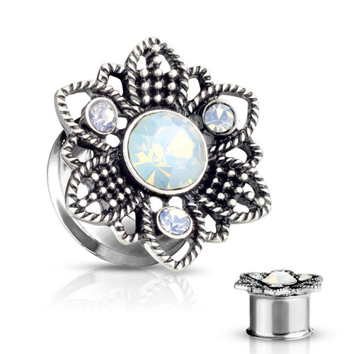 Opalite Flower Steel/Brass Double Flared Plugs (2g-5/8") Opalite Flower Steel/Brass Double Flared Plugs (2g-5/8")