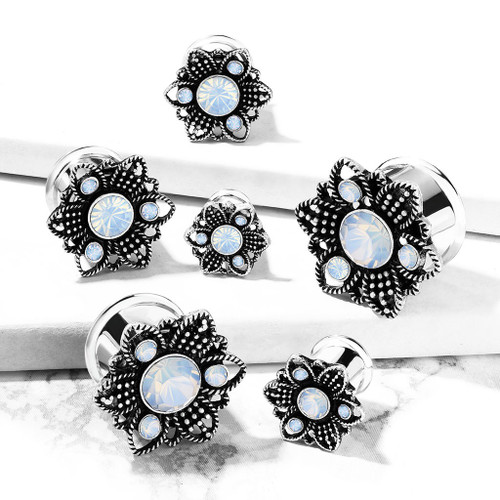 Opalite Flower Steel/Brass Double Flared Plugs (2g-5/8") Opalite Flower Steel/Brass Double Flared Plugs (2g-5/8")