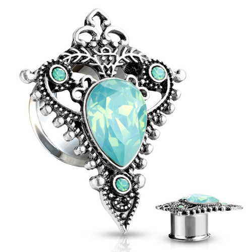 Green Opalite Teardrop Shield Steel Plugs (2g-5/8")