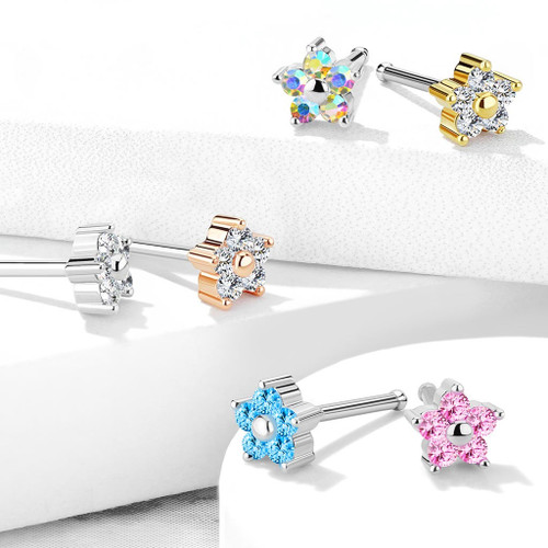 6PC Value Pack Five-CZ Flower Top Steel Nose Rings  6PC Value Pack Five-CZ Flower Top Steel Nose Rings
