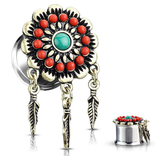 Tribal Flower Triple Feather Dangle Plugs (0g-5/8")