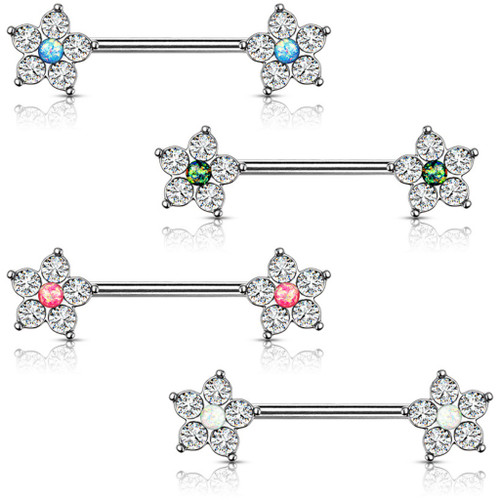 PAIR - 5-CZ Sparkle Flower Steel Nipple Ring Barbells