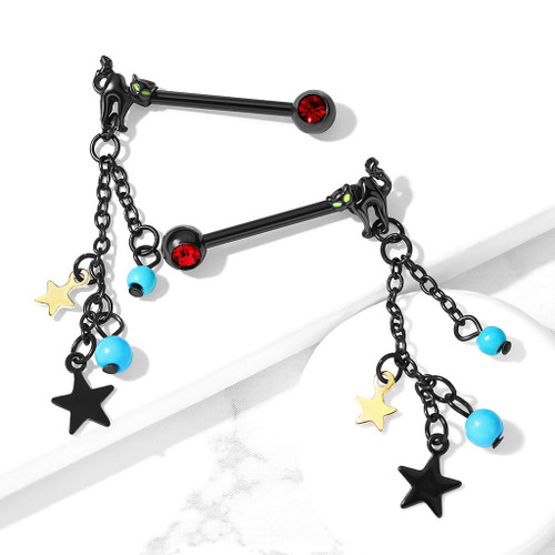 PAIR - Cat & Star Chain Dangle Nipple Ring Barbells PAIR - Cat & Star Chain Dangle Nipple Ring Barbells