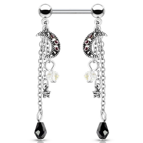 PAIR - Moon Star & Chains Dangle Nipple Ring Barbells PAIR - Moon Star & Chains Dangle Nipple Ring Barbells