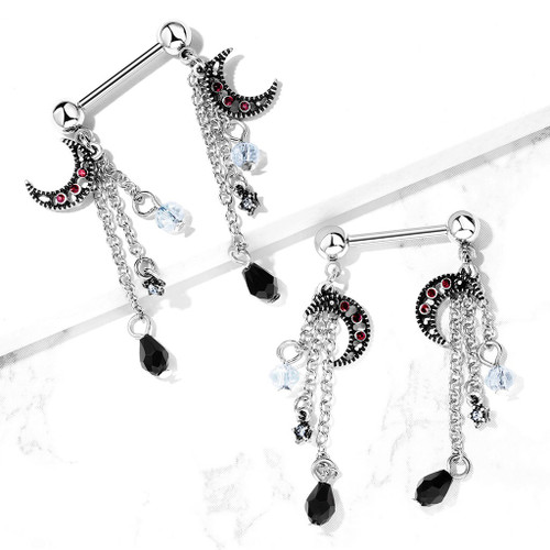 PAIR - Moon Star & Chains Dangle Nipple Ring Barbells PAIR - Moon Star & Chains Dangle Nipple Ring Barbells