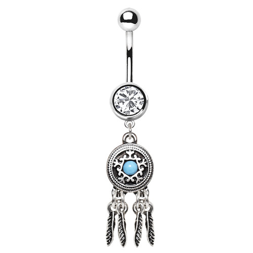 Four Feather Dreamcatcher Dangle Steel Belly Ring