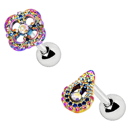 2PC Set Rainbow Flower & Teardrop Cartilage Studs