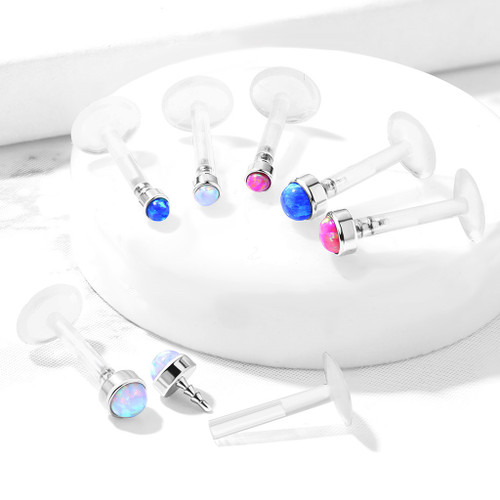 3PC Synthetic Opal Push Top Flexible Bar Labret Studs 3PC Synthetic Opal Push Top Flexible Bar Labret Studs