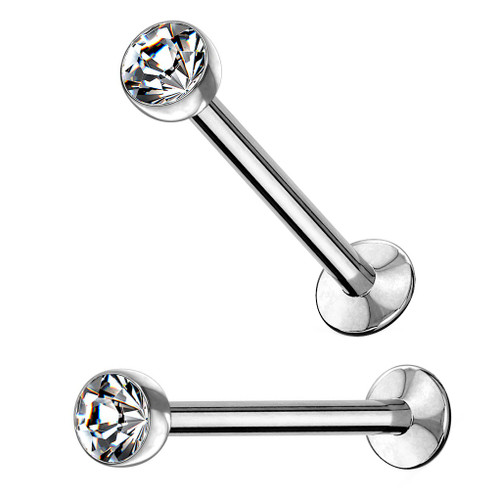 2PC 16G Clear Jeweled Push Top Steel Labret Studs 2PC 16G Clear Jeweled Push Top Steel Labret Studs