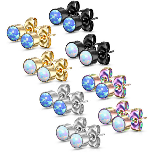 5mm Bezel Set Synthetic Opal Steel Stud Earrings
