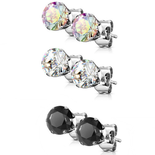 3 Pair Color Mix Round CZ Steel Stud Earrings (3-7mm) 3 Pair Color Mix Round CZ Steel Stud Earrings (3-7mm)