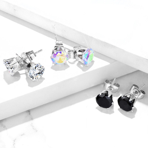 3 Pair Color Mix Round CZ Steel Stud Earrings (3-7mm) 3 Pair Color Mix Round CZ Steel Stud Earrings (3-7mm)