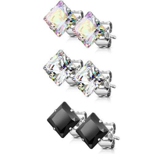 3 Pair Color Mix Square CZ Steel Stud Earrings (3-7mm) 3 Pair Color Mix Square CZ Steel Stud Earrings (3-7mm)