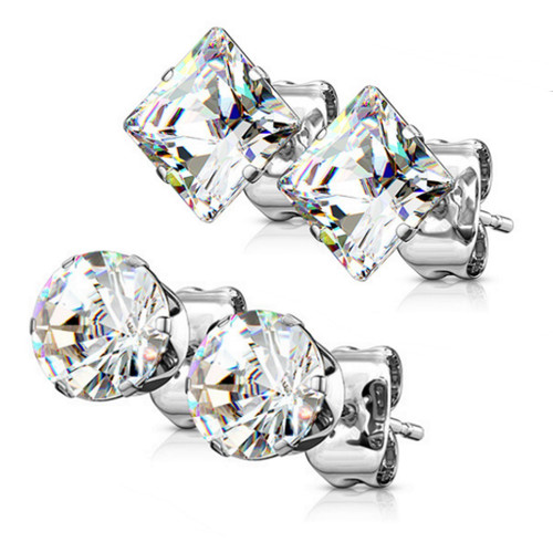 2 Pair Round/Square Clear CZ Steel Stud Earrings 