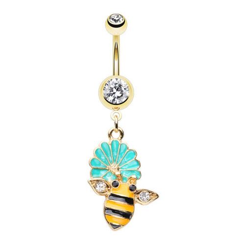 Bee & Teal Flower Dangle Goldtone Belly Ring