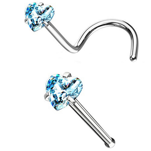 2PC Heart CZ Shape Steel Nose Rings (Bone/Screw)