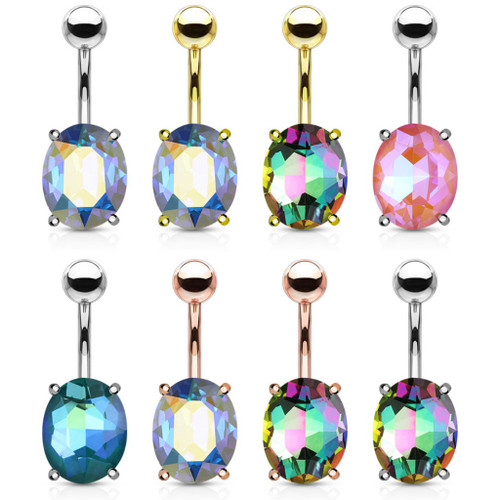 AB Effect Oval Shape Crystal Steel Belly Ring AB Effect Oval Shape Crystal Steel Belly Ring