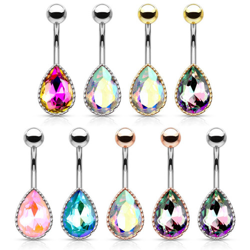 AB Effect Teardrop Crystal Steel Belly Ring AB Effect Teardrop Crystal Steel Belly Ring