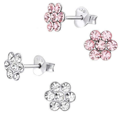 Crystal Jeweled Flower 925 Sterling Silver Stud Earrings