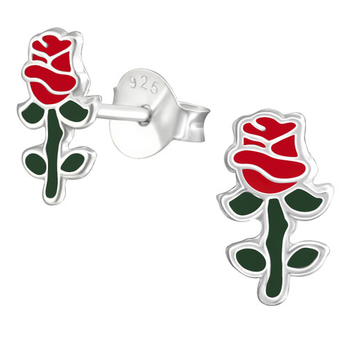 Rose & Stem 925 Sterling Silver Stud Earrings