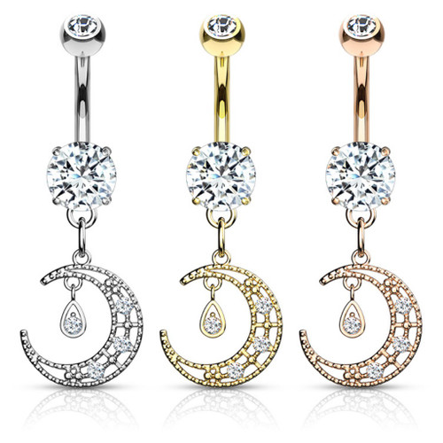 Teardrop Crescent Dangle Steel Belly Ring Teardrop Crescent Dangle Steel Belly Ring