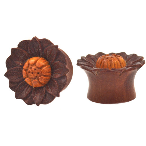 Lt Brown Wood Tunnels Carved Lotus Plugs (0g-1")